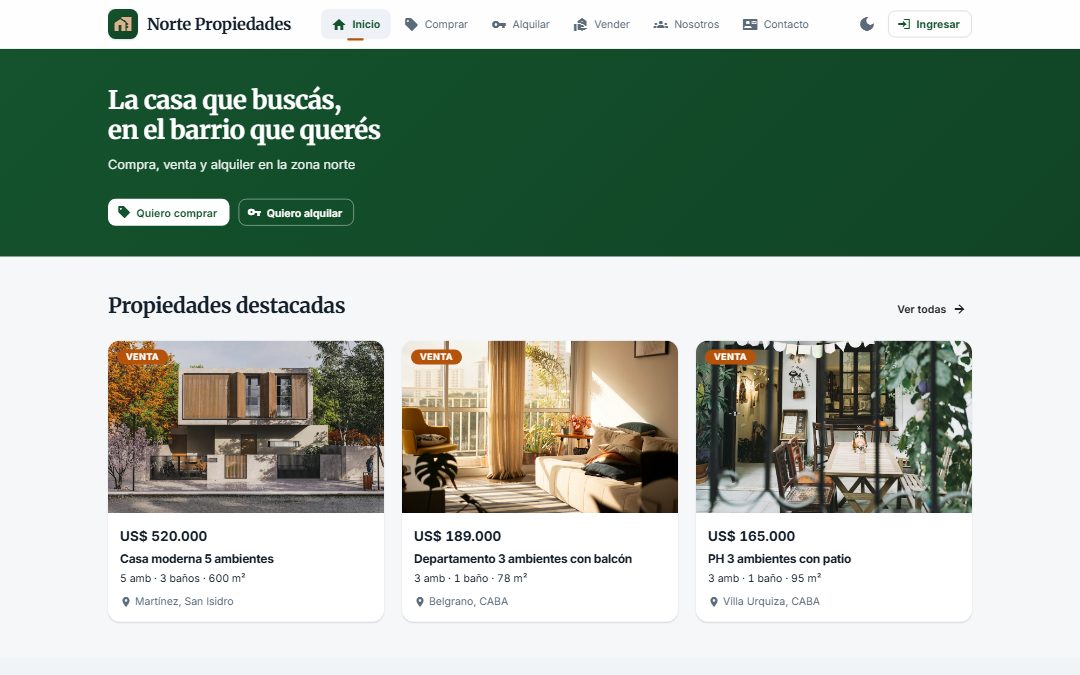 El portal de Norte Propiedades, una inmobiliaria de prueba: su logo y su menú, una franja verde con «Quiero comprar» y «Quiero alquilar», y tres propiedades destacadas con foto, precio y barrio.