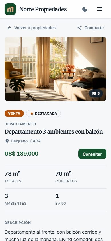 La misma inmobiliaria en un teléfono: la ficha de un departamento en Belgrano con su foto, el precio y el botón «Consultar».